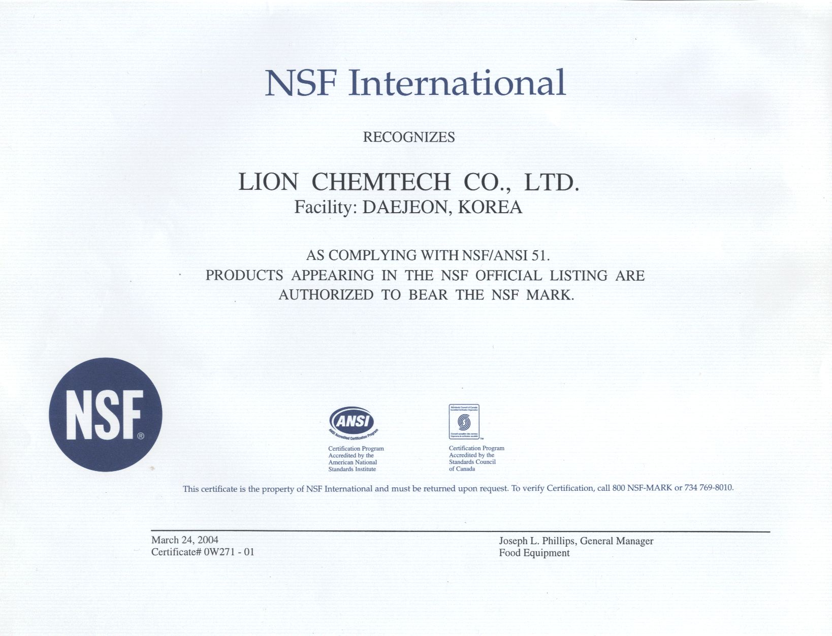 Lion Chemtech Co. Ltd. Shoda s normami NSF ANSI51